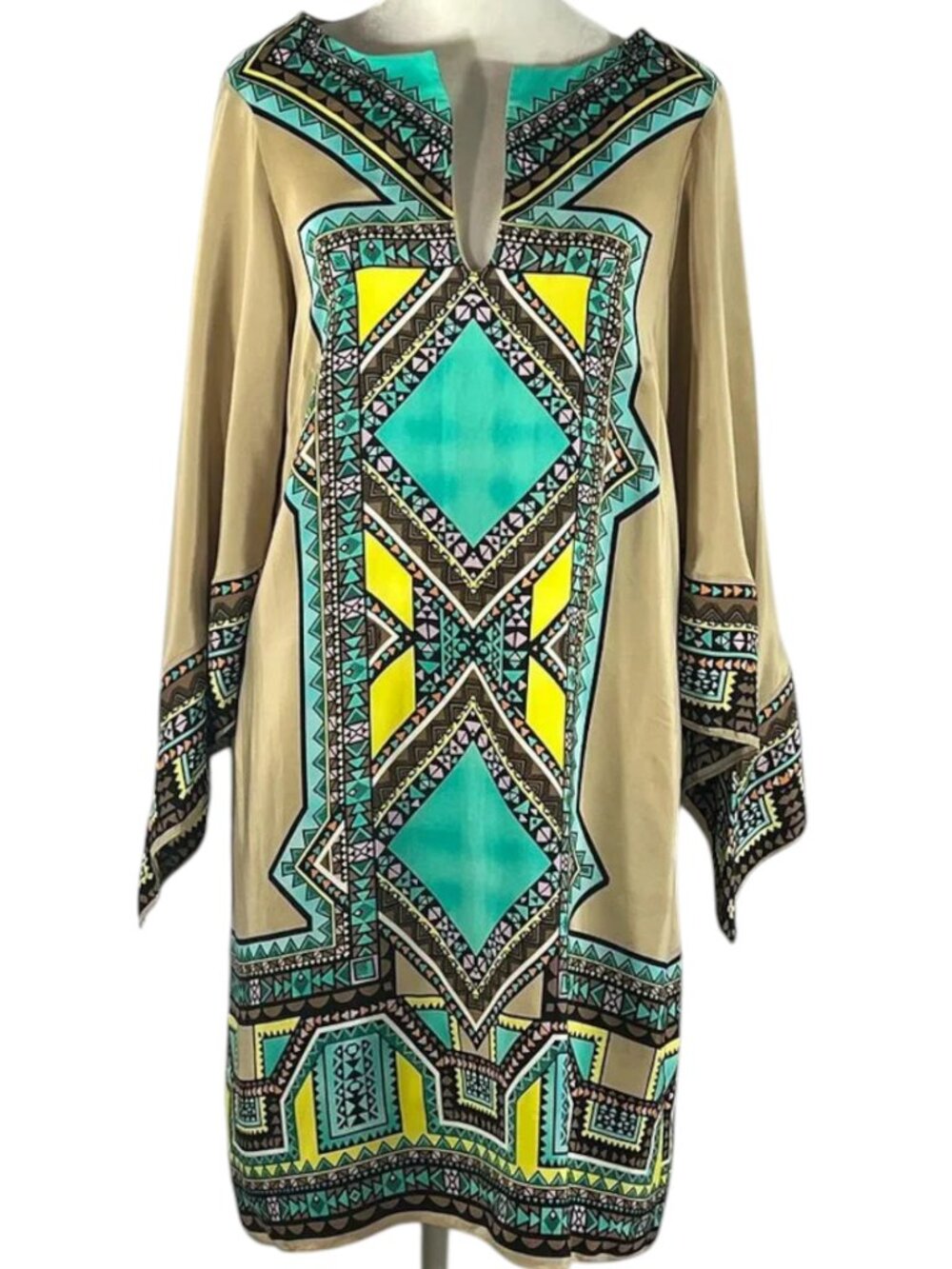 Alice & Trixie 100% Silk Geometric Tunic Dress Bell Sleeve Small